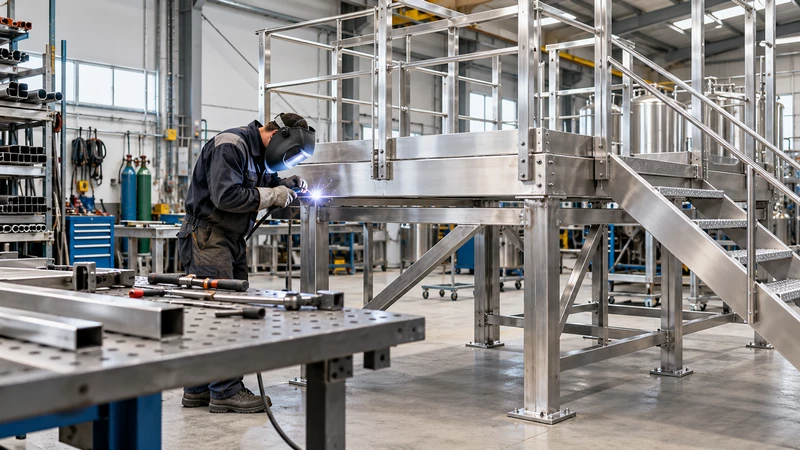 Soldador construyendo plataforma industrial de acero inoxidable